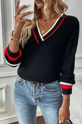 Black Contrast Striped Trim V Neck Drop Shoulder Sweater - S - Sweaters & Cardigans/Sweaters