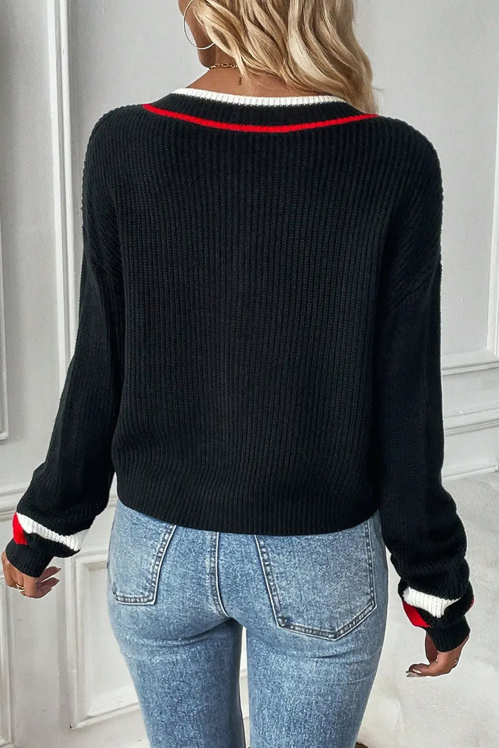 Black Contrast Striped Trim V Neck Drop Shoulder Sweater - Sweaters & Cardigans/Sweaters