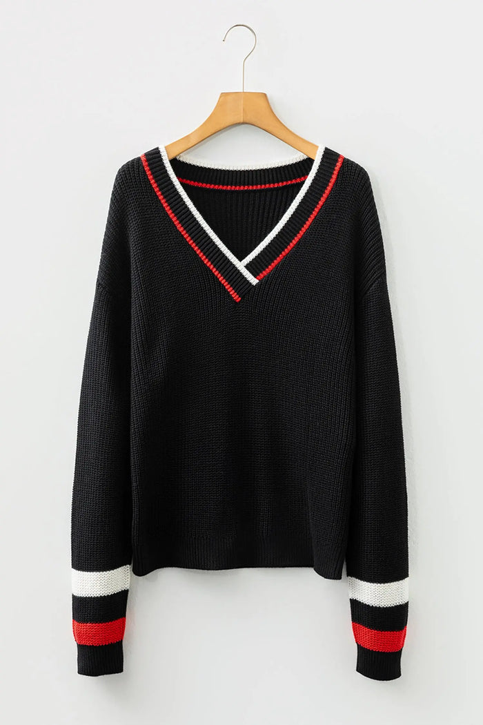 Black Contrast Striped Trim V Neck Drop Shoulder Sweater - Sweaters & Cardigans/Sweaters