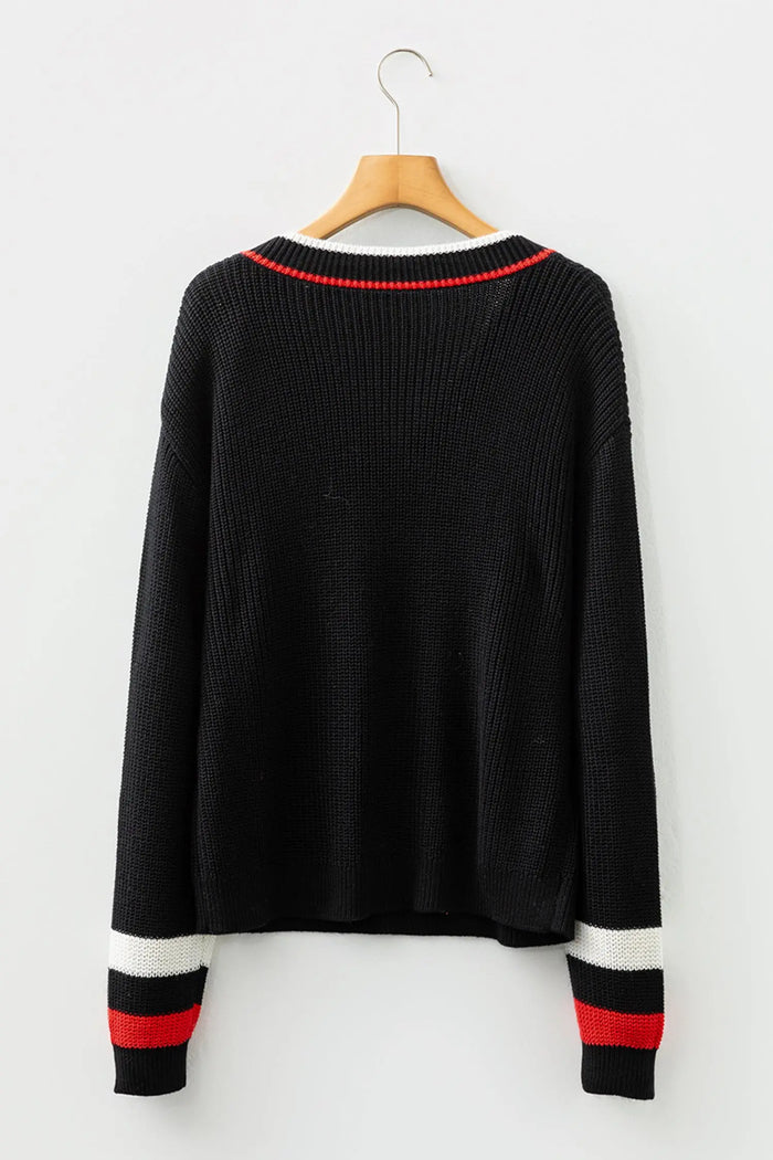 Black Contrast Striped Trim V Neck Drop Shoulder Sweater - Sweaters & Cardigans/Sweaters