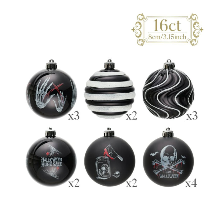 (Pre-Order) Black Gothic 16-Piece Baubles with Skulls, Skeleton Hands, Horror Prints & Striped Designs Ornament Bundle OrnamentallyYou