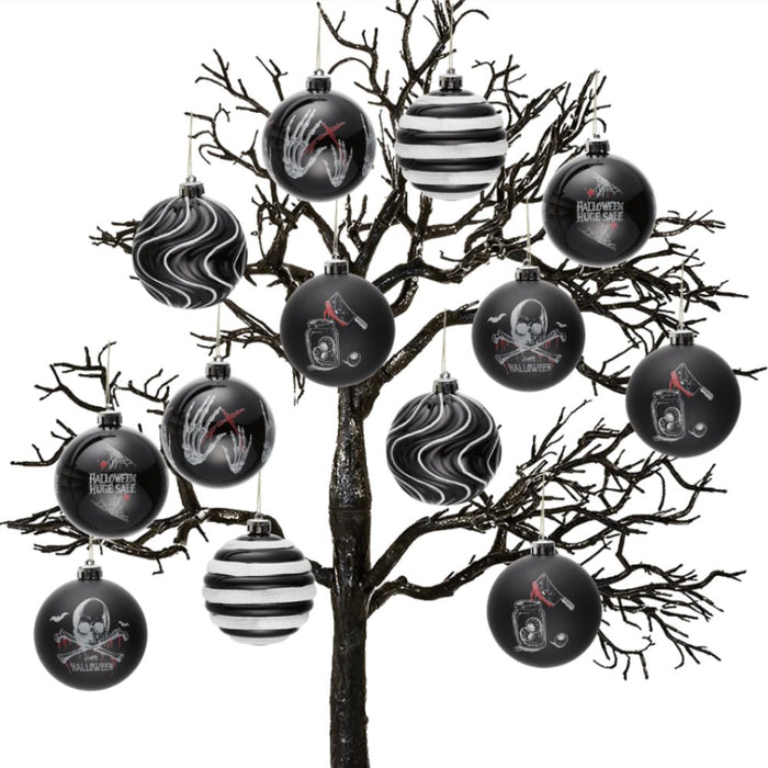 (Pre-Order) Black Gothic 16-Piece Baubles with Skulls, Skeleton Hands, Horror Prints & Striped Designs Ornament Bundle OrnamentallyYou