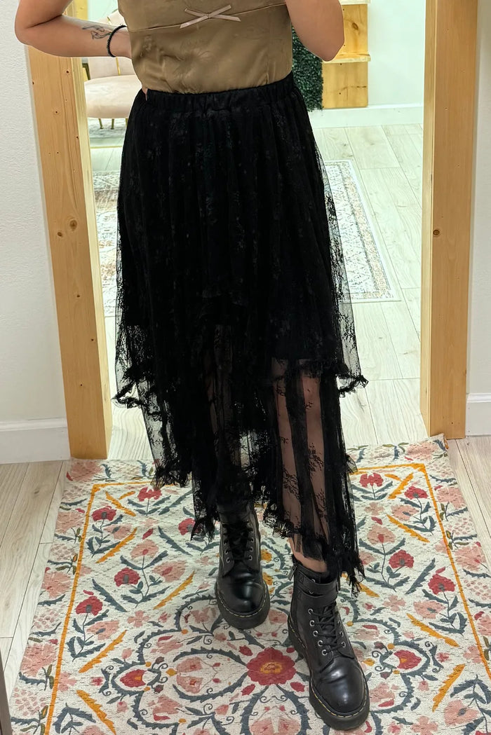 Black Lace Cascading Tiered High Waist Maxi Skirt - Bottoms/Skirts & Petticoat