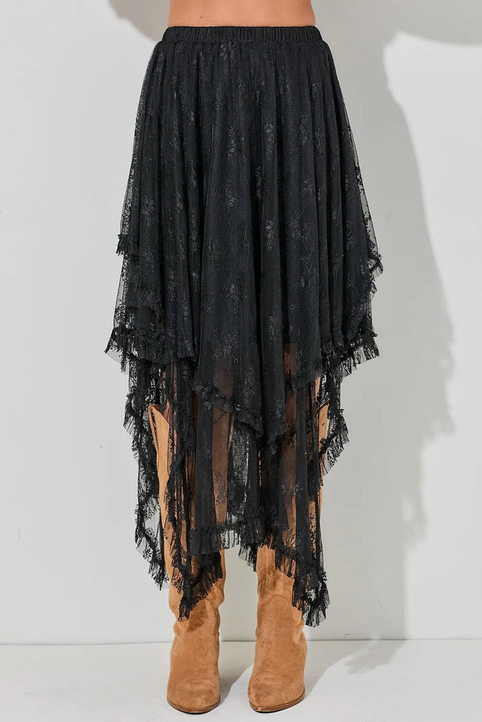 Black Lace Cascading Tiered High Waist Maxi Skirt - Bottoms/Skirts & Petticoat