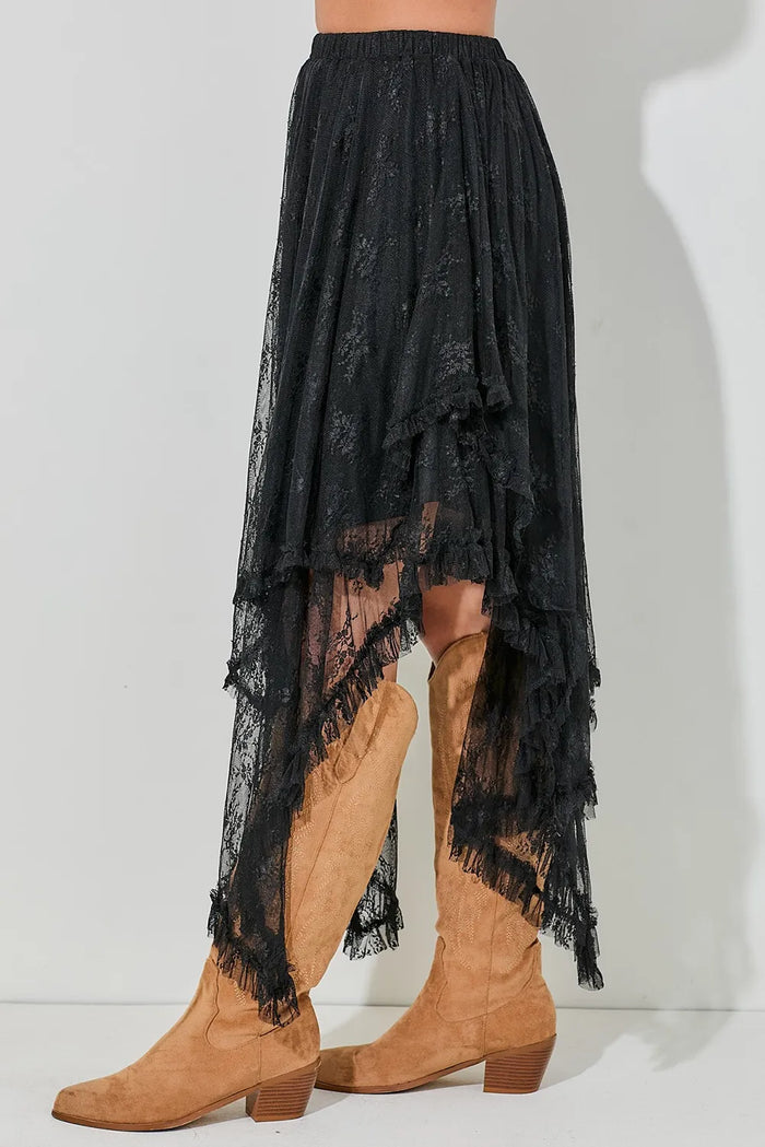 Black Lace Cascading Tiered High Waist Maxi Skirt - Bottoms/Skirts & Petticoat