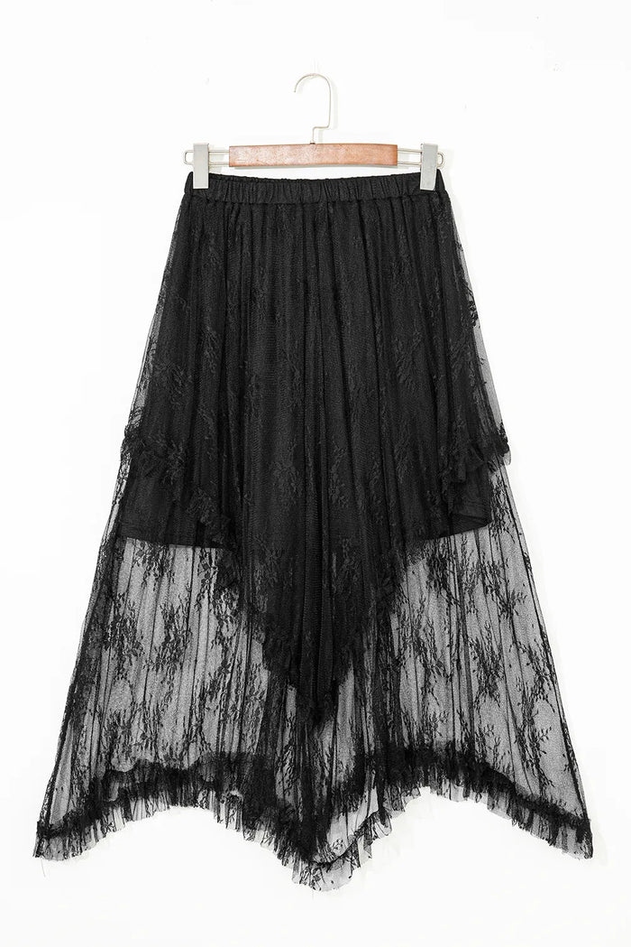 Black Lace Cascading Tiered High Waist Maxi Skirt - Bottoms/Skirts & Petticoat