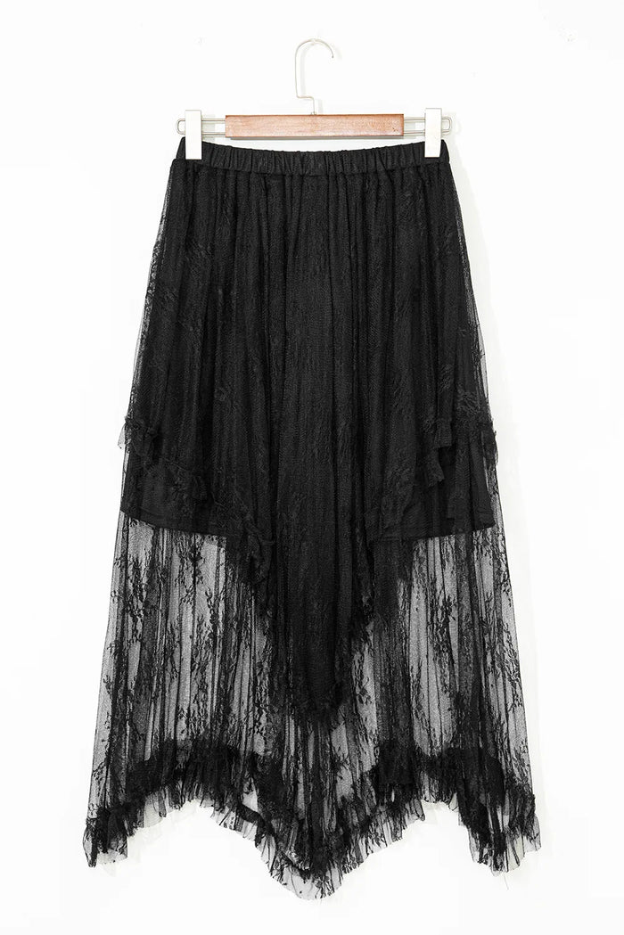 Black Lace Cascading Tiered High Waist Maxi Skirt - Bottoms/Skirts & Petticoat
