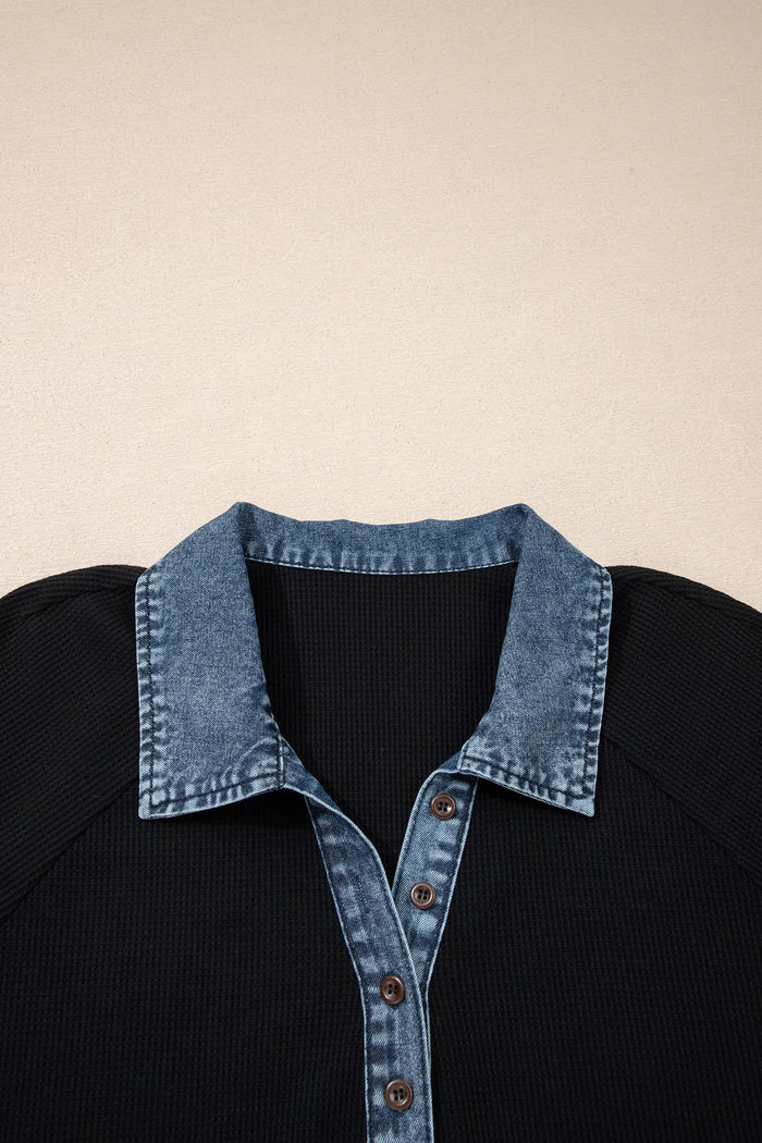 Black Plus Size Textured Contrast Denim Patchwork Button Polo Tee
