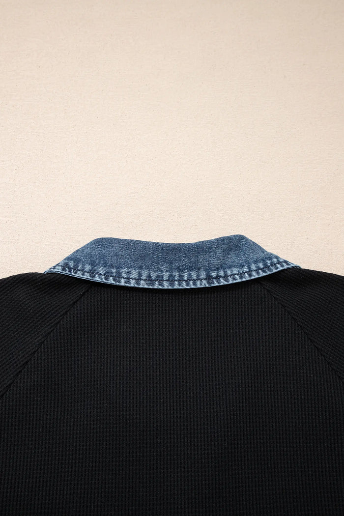 Black Plus Size Textured Contrast Denim Patchwork Button Polo Tee