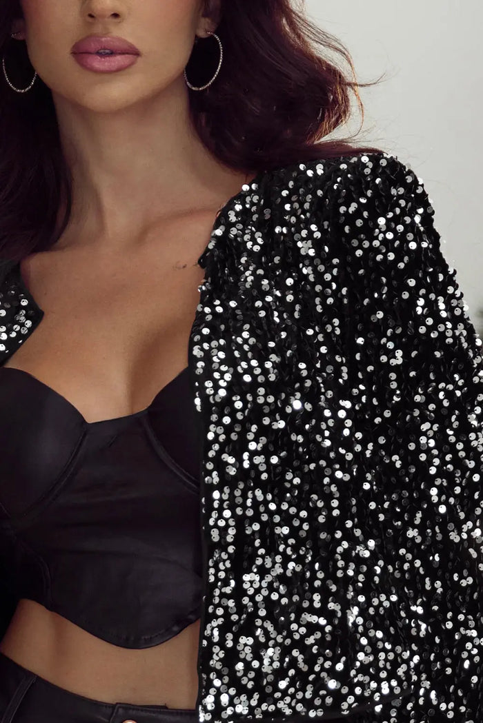 Black Sequined Open Front Cropped Jacket - Occasionwear/Jackets