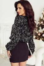 Black Sequinned Long Sleeve Crew Neck Cropped Blouse - Occasionwear/party tops