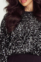 Black Sequinned Long Sleeve Crew Neck Cropped Blouse - Occasionwear/party tops