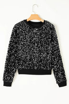 Black Sequinned Long Sleeve Crew Neck Cropped Blouse - Occasionwear/party tops