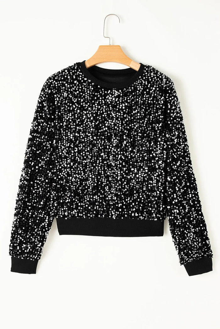 Black Sequinned Long Sleeve Crew Neck Cropped Blouse - Occasionwear/party tops