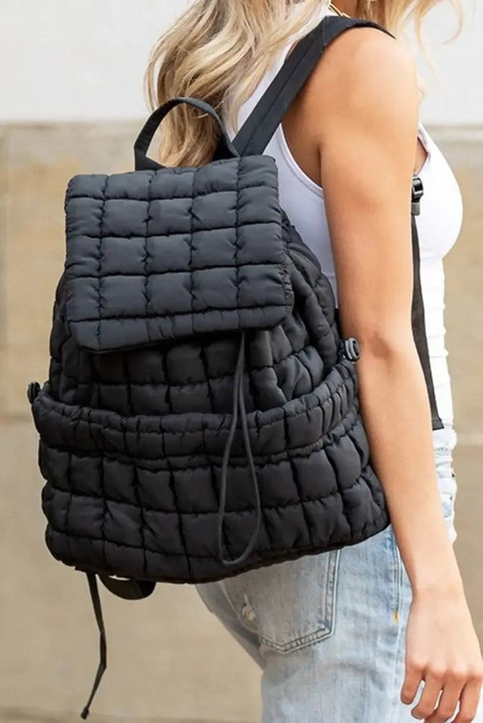 Black Solid Flapped Quilted Puffer Backpack - Shoes & Bags/Backpacks