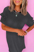Black Stripe Ruffled Short Sleeve Crew Neck T Shirt Shift Mini Dress - S / 95% Polyester + 5% Elastane - Dresses/T