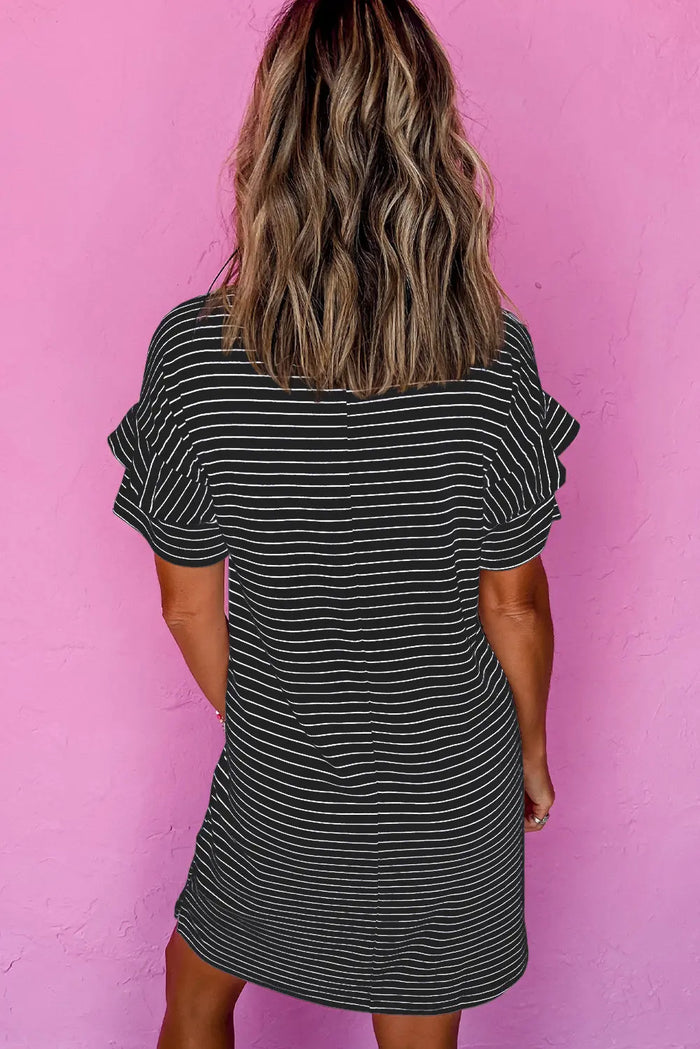 Black Stripe Ruffled Short Sleeve Crew Neck T Shirt Shift Mini Dress - Dresses/T Dresses