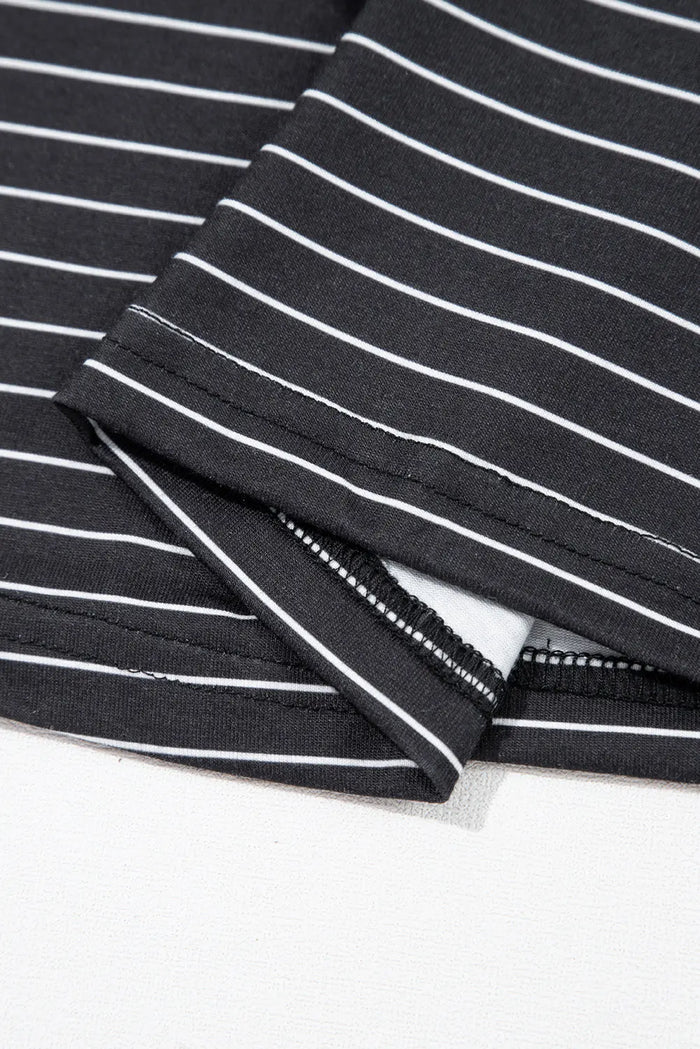 Black Stripe Ruffled Short Sleeve Crew Neck T Shirt Shift Mini Dress - Dresses/T Dresses