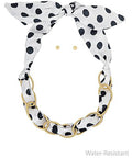 Black and white polka dot scarf necklace with gold chain detail