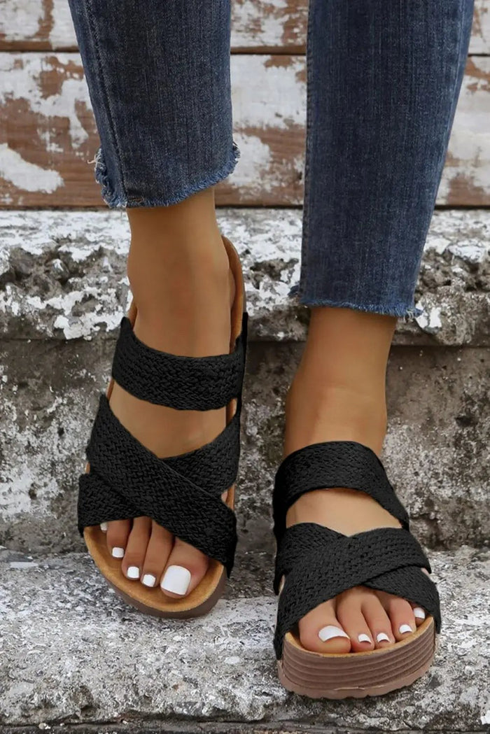 Black Woven Criss Cross Strap Platform Slides Sandals - Shoes/Sandals