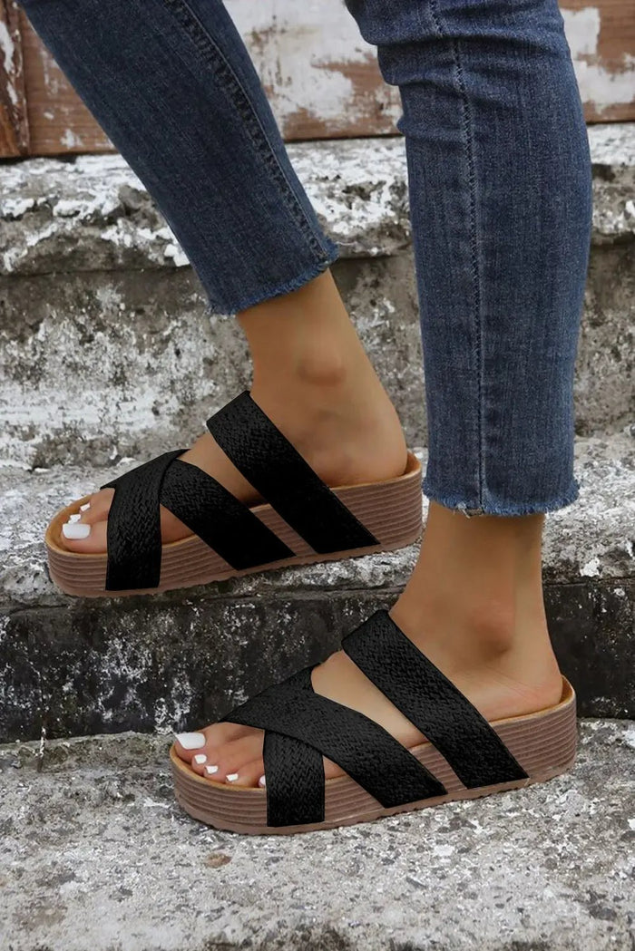 Black Woven Criss Cross Strap Platform Slides Sandals - Shoes/Sandals
