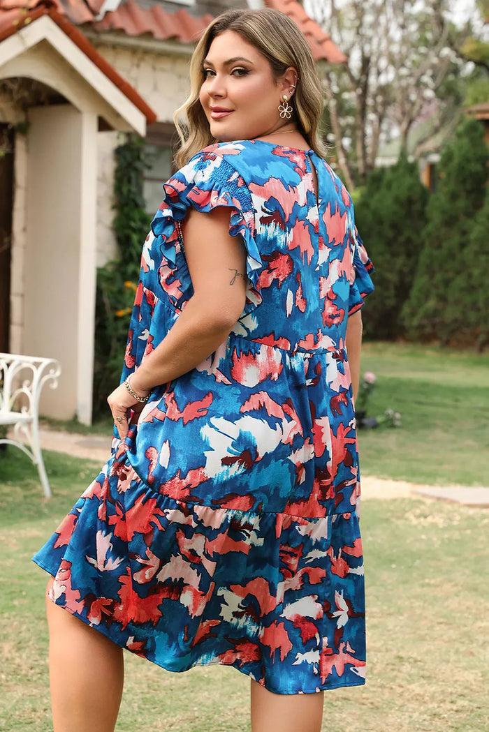 Blue Abstract Print Shirred Ruffled Short Sleeve Tiered Plus Size Mini Dress - Size/Plus Dresses/Plus Dresses