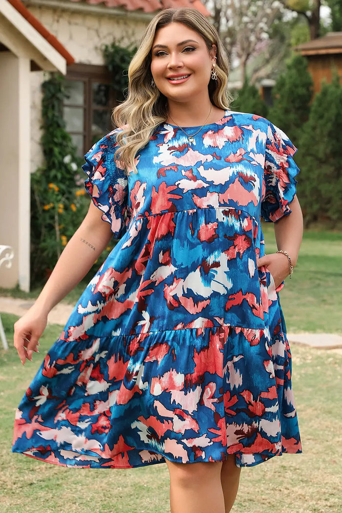 Blue Abstract Print Shirred Ruffled Short Sleeve Tiered Plus Size Mini Dress - Size/Plus Dresses/Plus Dresses