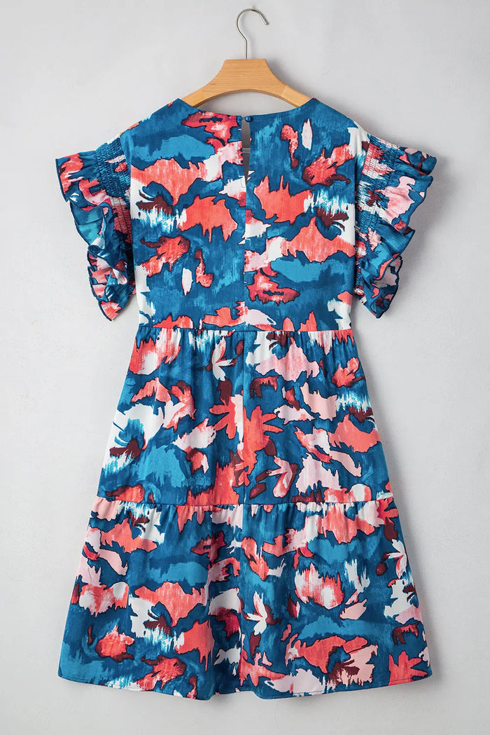 Blue Abstract Print Shirred Ruffled Short Sleeve Tiered Plus Size Mini Dress - Size/Plus Dresses/Plus Dresses