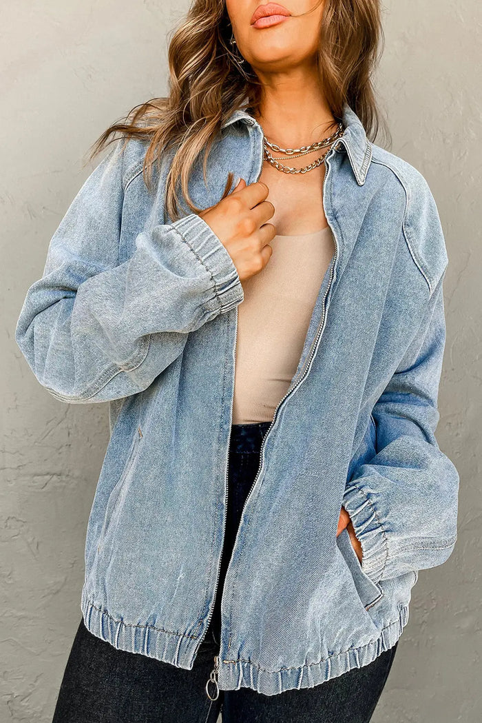 Blue Elastic Edge Collared Zip Up Denim Jacket With Pocket - S - Outerwear/Denim jackets