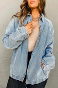 Blue Elastic Edge Collared Zip Up Denim Jacket With Pocket - S - Outerwear/Denim jackets