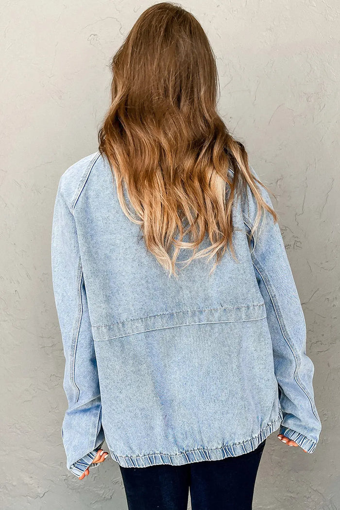 Blue Elastic Edge Collared Zip Up Denim Jacket With Pocket - Outerwear/Denim jackets