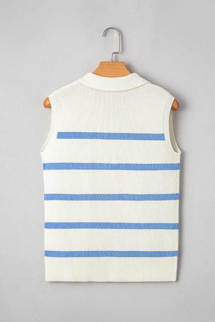 Blue Stripe Split V Neck Collared Ribbed Sleeveless Sweater - Sweaters & Cardigans/Sweater Vests