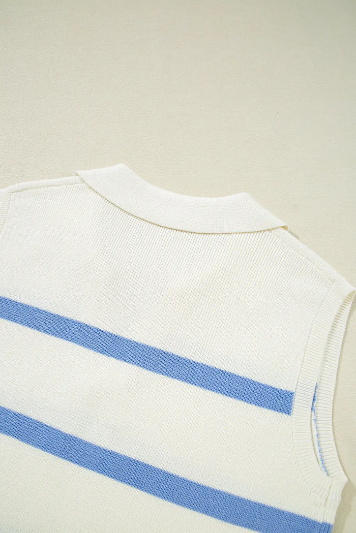 Blue Stripe Split V Neck Collared Ribbed Sleeveless Sweater - Sweaters & Cardigans/Sweater Vests