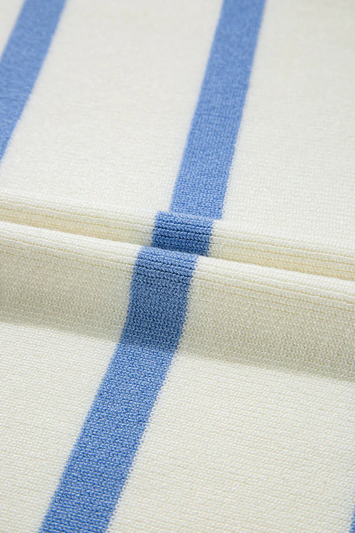 Blue Stripe Split V Neck Collared Ribbed Sleeveless Sweater - Sweaters & Cardigans/Sweater Vests
