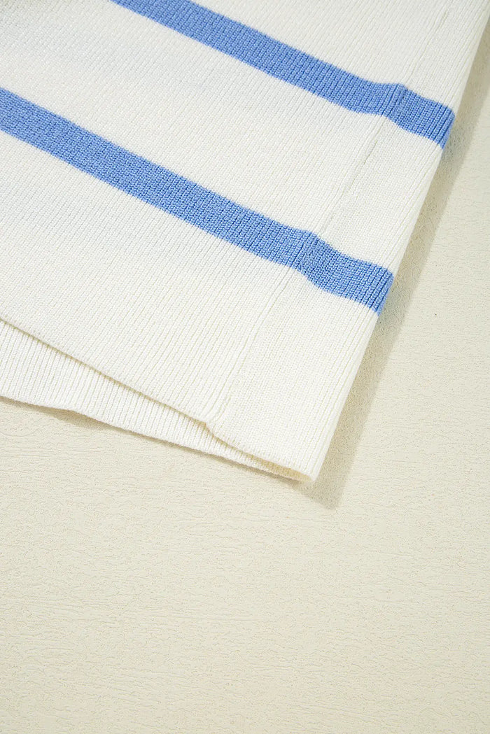 Blue Stripe Split V Neck Collared Ribbed Sleeveless Sweater - Sweaters & Cardigans/Sweater Vests