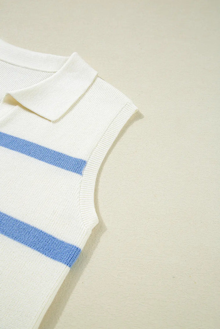 Blue Stripe Split V Neck Collared Ribbed Sleeveless Sweater - Sweaters & Cardigans/Sweater Vests