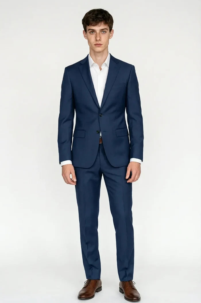 Men's Blutailor Deep Navy 2-Piece Suit crafted from premium fabric, featuring a rich deep navy hue, tailored-fit blazer with matching flat-front trousers, structured silhouette, refined craftsmanship, and a timeless design ideal for business wear, weddings, formal occasions, and sophisticated evening dressing.