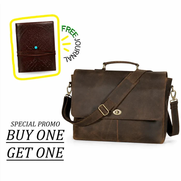 Bogo: Brown Leather Messenger Bag With Tree of Life Journal