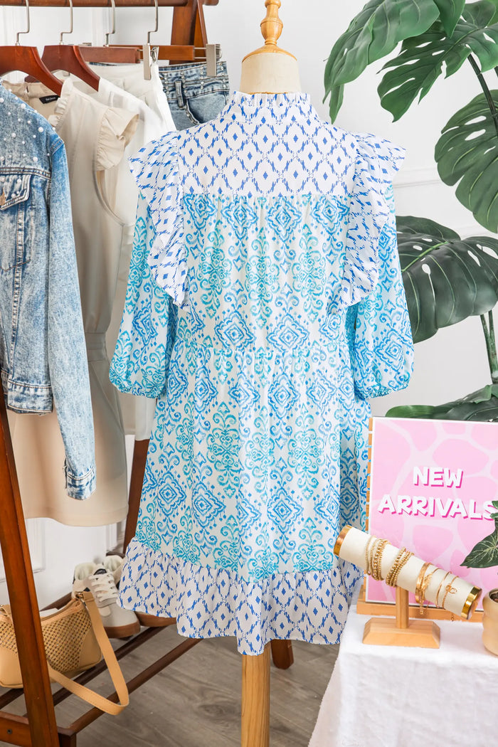 Boho Floral Geometric Patchwork Ruffle Puff Sleeve Mini Dress