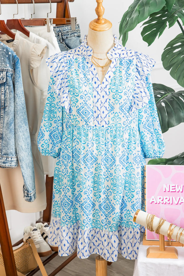 Boho Floral Geometric Patchwork Ruffle Puff Sleeve Mini Dress