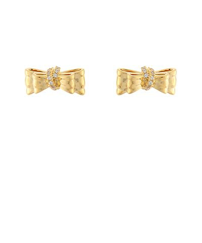 Gold-tone bow stud earrings with a cubic zirconia crystal accent on a white background from The Pink Doxie Boutique.