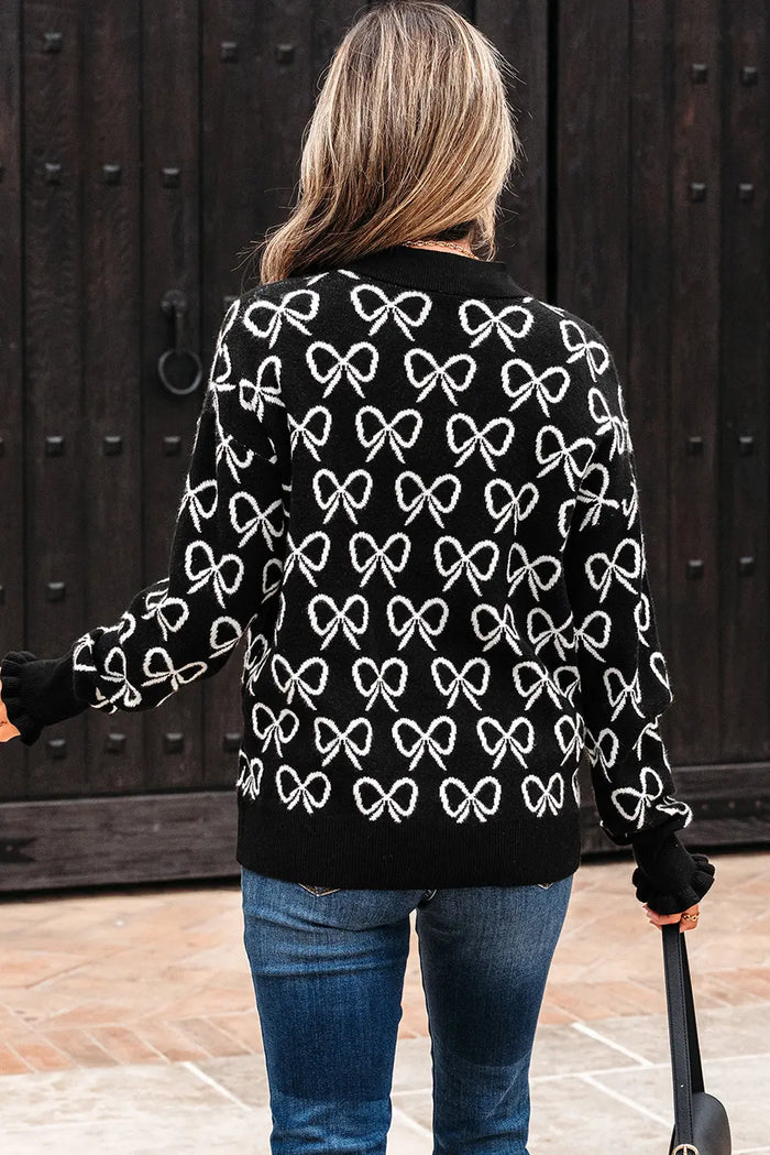 Bow Pattern Drop Shoulder Zipped Collar Sweater - Sweaters & Cardigans/Sweaters