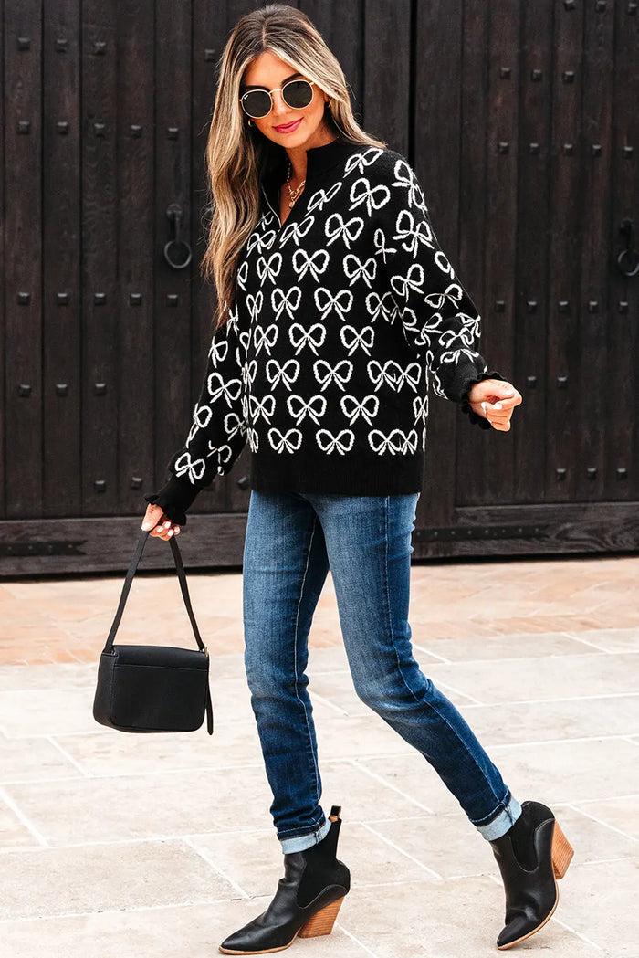 Bow Pattern Drop Shoulder Zipped Collar Sweater - Sweaters & Cardigans/Sweaters