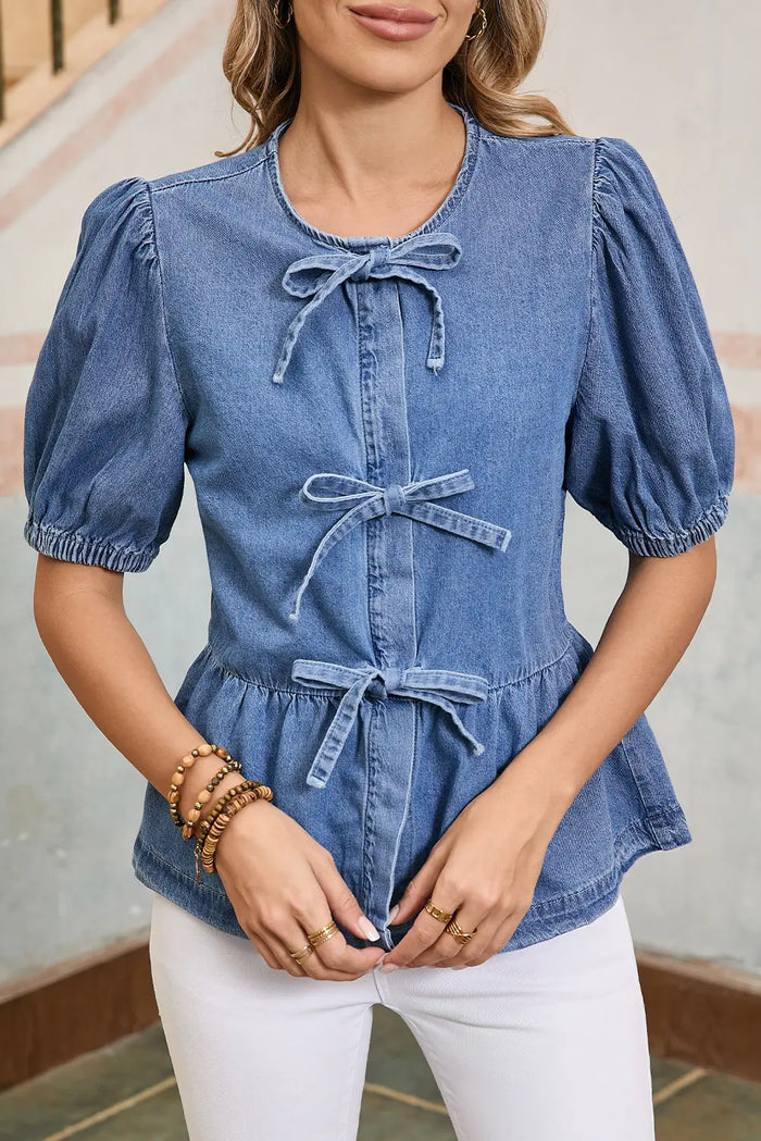 Bow Tie Front Bubble Sleeve Peplum Denim Shirt