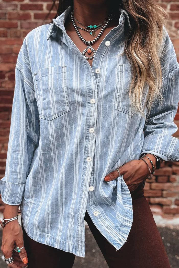 Boyfriend Chest Pocket Classic Denim Shacket – Sky Blue Stripe