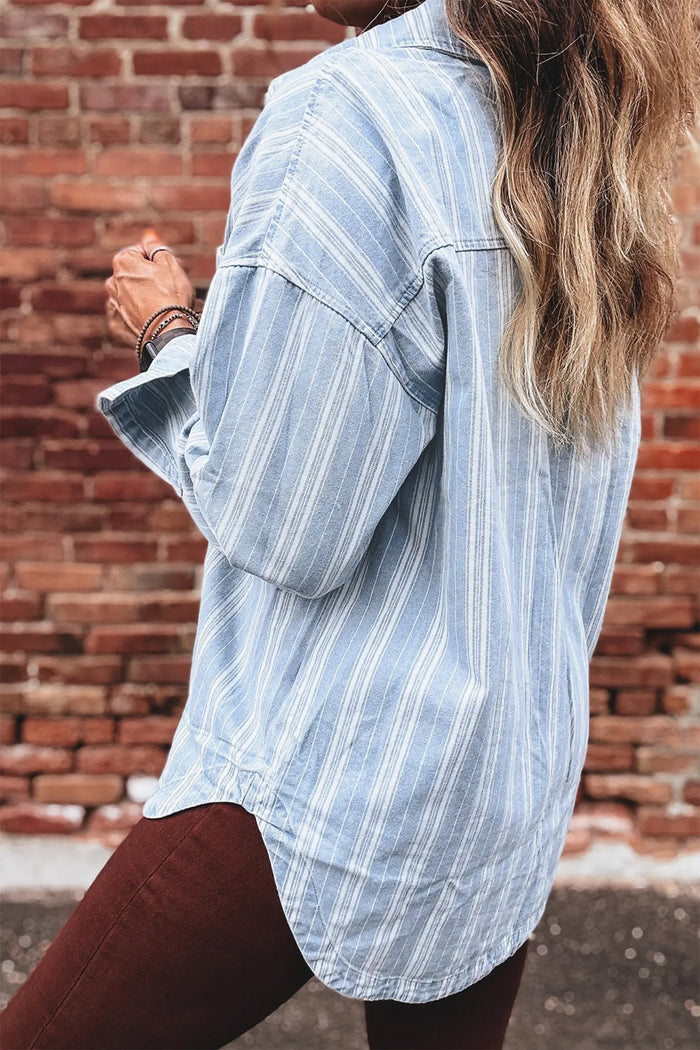 Boyfriend Chest Pocket Classic Denim Shacket – Sky Blue Stripe