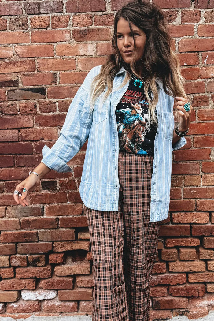 Boyfriend Chest Pocket Classic Denim Shacket – Sky Blue Stripe