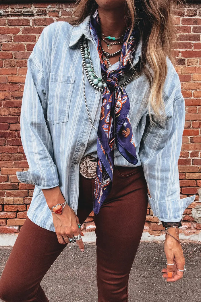 Boyfriend Chest Pocket Classic Denim Shacket – Sky Blue Stripe