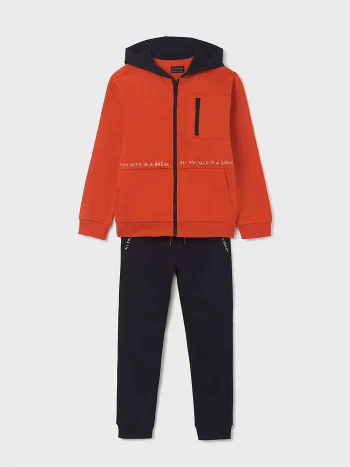 Front view of Oxido-orange Mayoral boys zip hoodie and navy jogger tracksuit