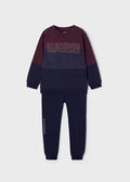 Front view of burgundy, grey and navy Mayoral boys sweatshirt and jogger set